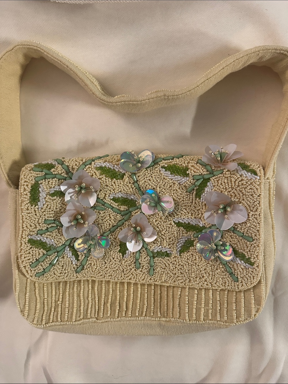 Embellished Cream Floral Beaded Shoulder Bag